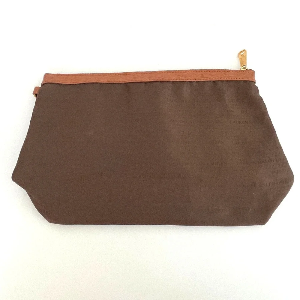Lauren Ralph Lauren Brown Nylon Logo Pouch Makeup Bag Gold‎ Hardware RLL